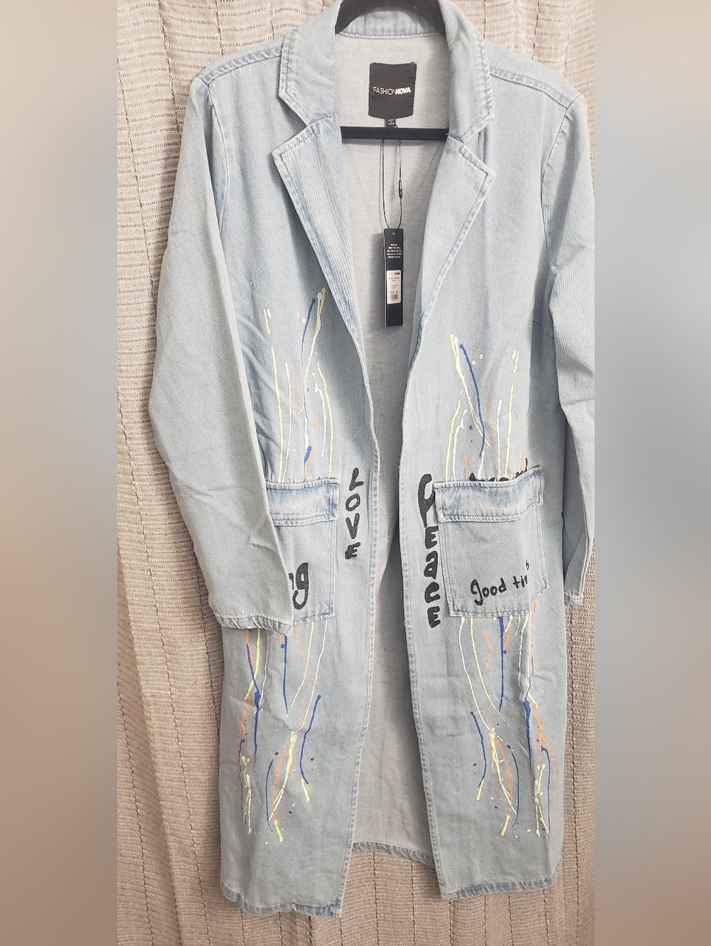 Light Blue Denim Longline Coat with Painted Detail
